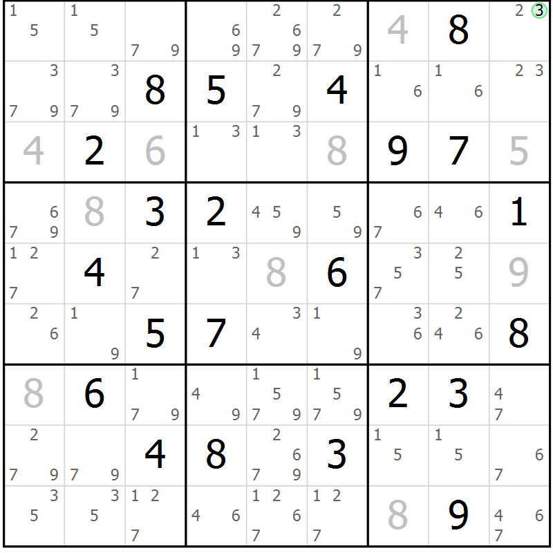 Position des candidats pour la solution de la Gr 127 page 130 du magazine de sudoku Giga sudoku niv 6-8 n° 032