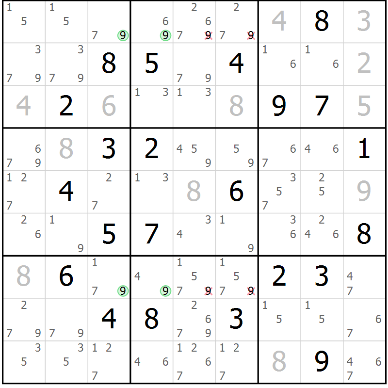Position des candidats pour la solution de la Gr 127 page 130 du magazine de sudoku Giga sudoku niv 6-8 n° 032