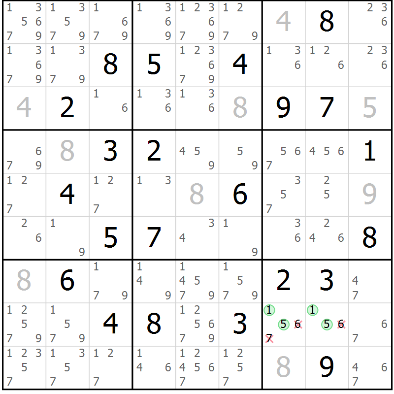 Position des candidats pour la solution de la Gr 127 page 130 du magazine de sudoku Giga sudoku niv 6-8 n° 032