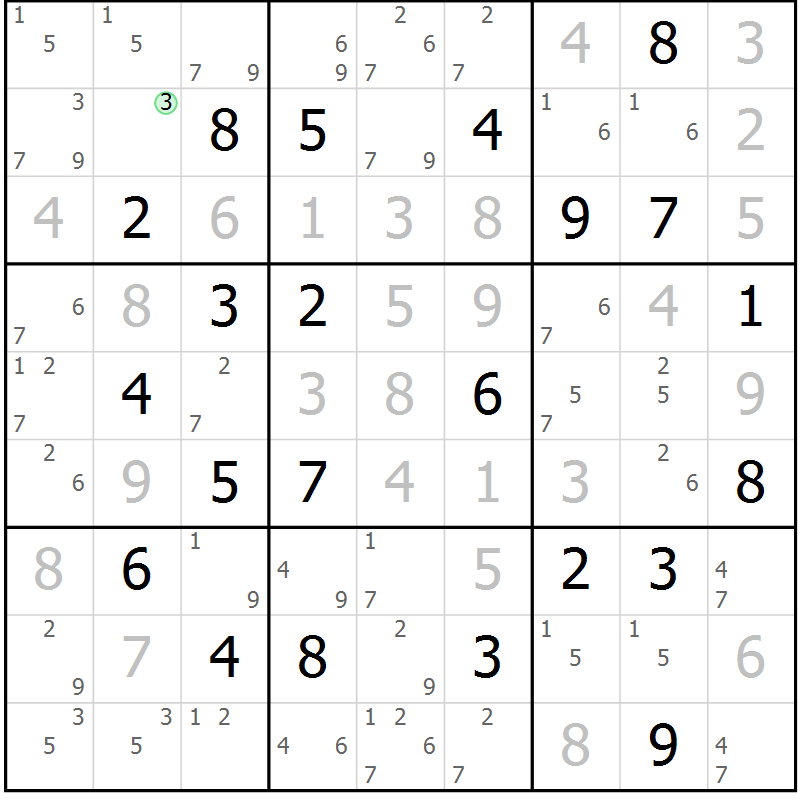 Position des candidats pour la solution de la Gr 127 page 130 du magazine de sudoku Giga sudoku niv 6-8 n° 032