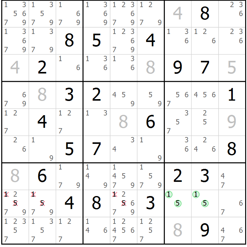 Position des candidats pour la solution de la Gr 127 page 130 du magazine de sudoku Giga sudoku niv 6-8 n° 032