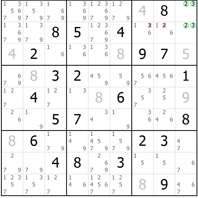 Position des candidats pour la solution de la Gr 127 page 130 du magazine de sudoku Giga sudoku niv 6-8 n° 032