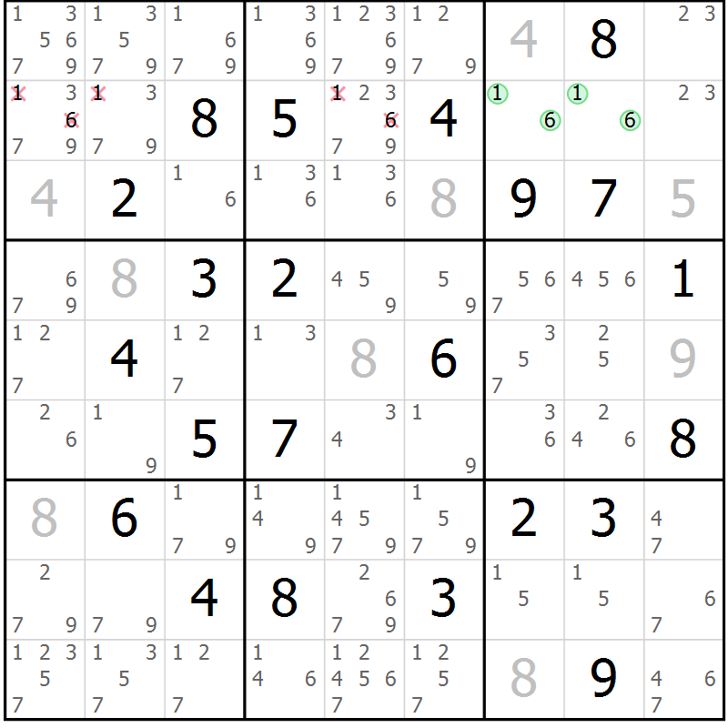 Position des candidats pour la solution de la Gr 127 page 130 du magazine de sudoku Giga sudoku niv 6-8 n° 032
