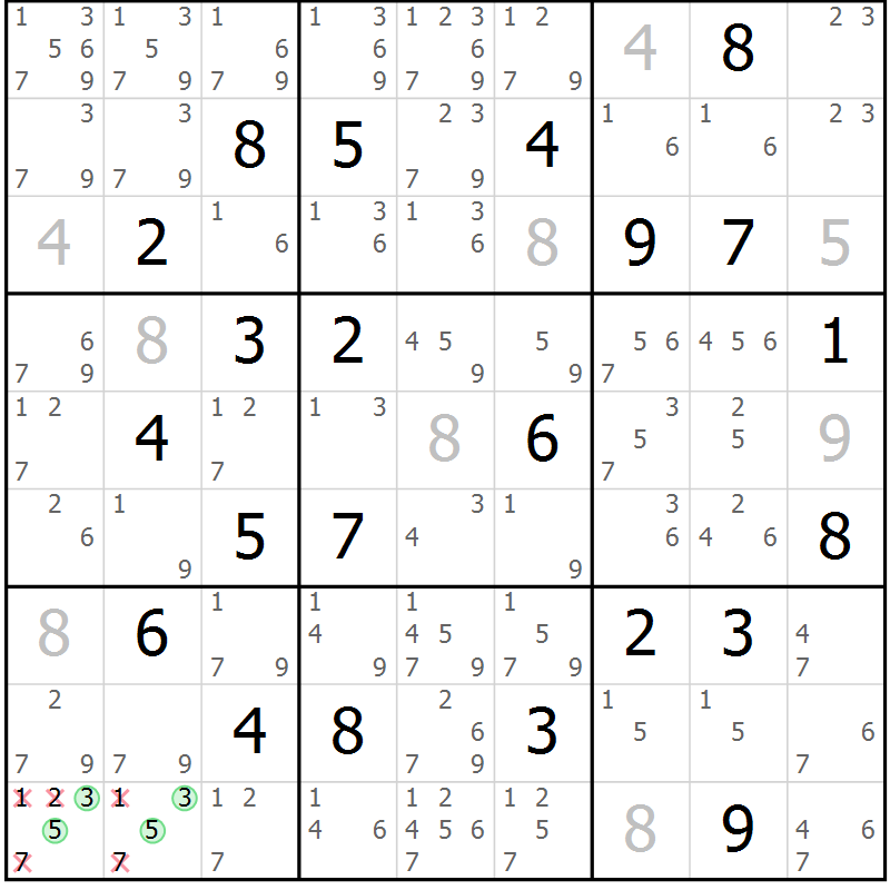 Position des candidats pour la solution de la Gr 127 page 130 du magazine de sudoku Giga sudoku niv 6-8 n° 032