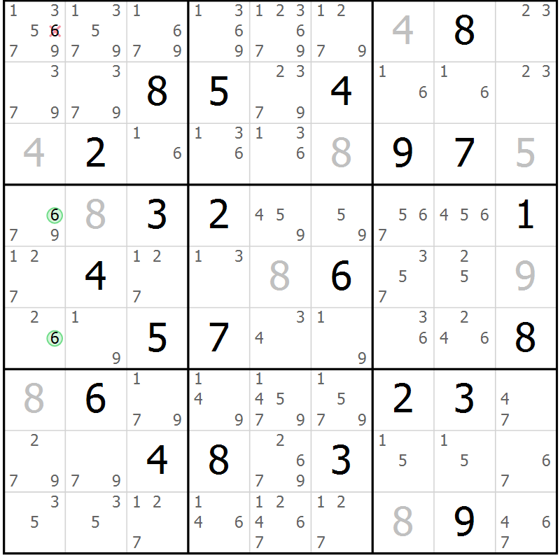 Position des candidats pour la solution de la Gr 127 page 130 du magazine de sudoku Giga sudoku niv 6-8 n° 032