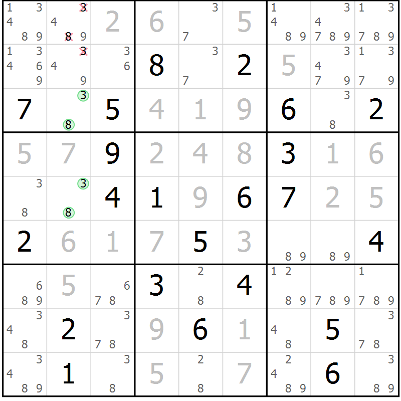Position des candidats pour la solution de la Gr 128 page 131 du magazine de sudoku Giga sudoku niv 6-8 n° 032