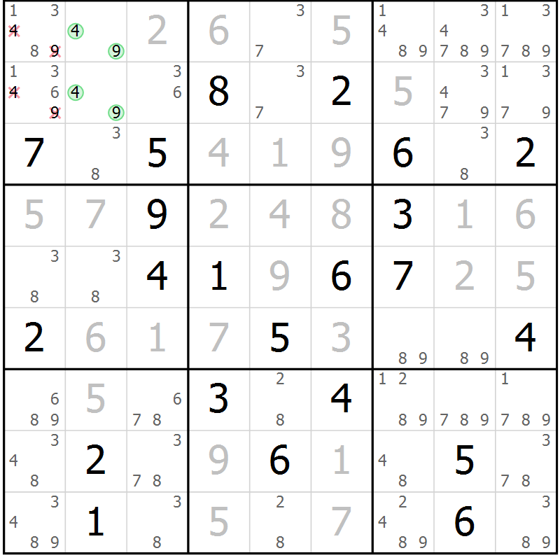 Position des candidats pour la solution de la Gr 128 page 131 du magazine de sudoku Giga sudoku niv 6-8 n° 032