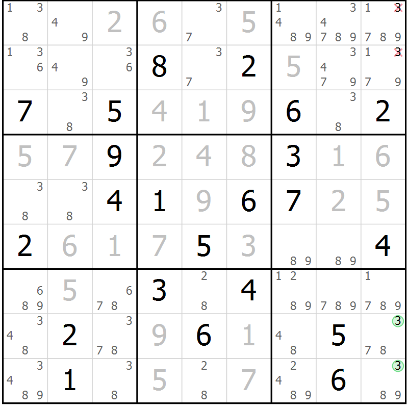 Position des candidats pour la solution de la Gr 128 page 131 du magazine de sudoku Giga sudoku niv 6-8 n° 032
