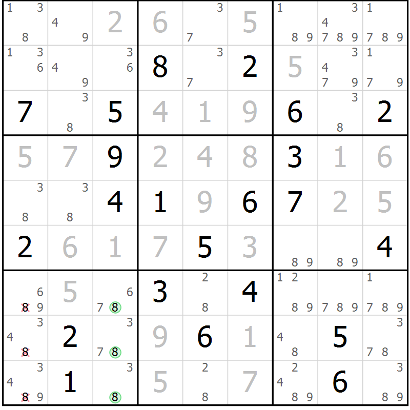 Position des candidats pour la solution de la Gr 128 page 131 du magazine de sudoku Giga sudoku niv 6-8 n° 032