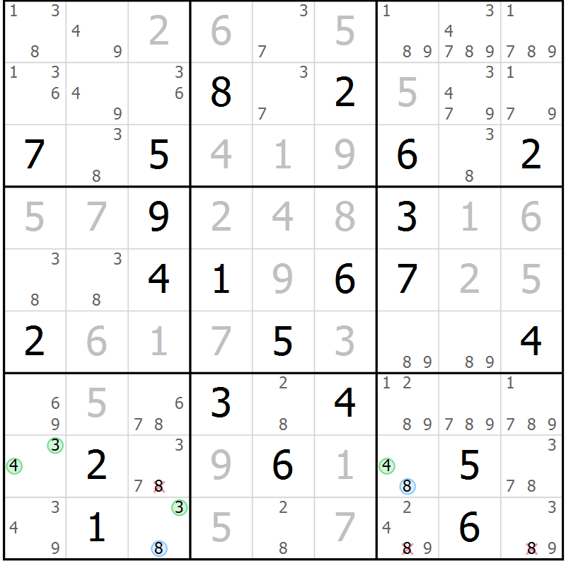 Position des candidats pour la solution de la Gr 128 page 131 du magazine de sudoku Giga sudoku niv 6-8 n° 032