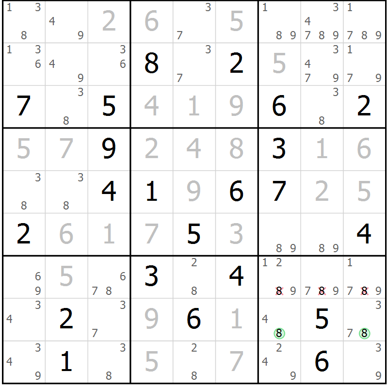 Position des candidats pour la solution de la Gr 128 page 131 du magazine de sudoku Giga sudoku niv 6-8 n° 032