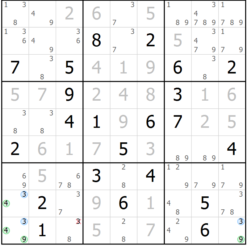 Position des candidats pour la solution de la Gr 128 page 131 du magazine de sudoku Giga sudoku niv 6-8 n° 032