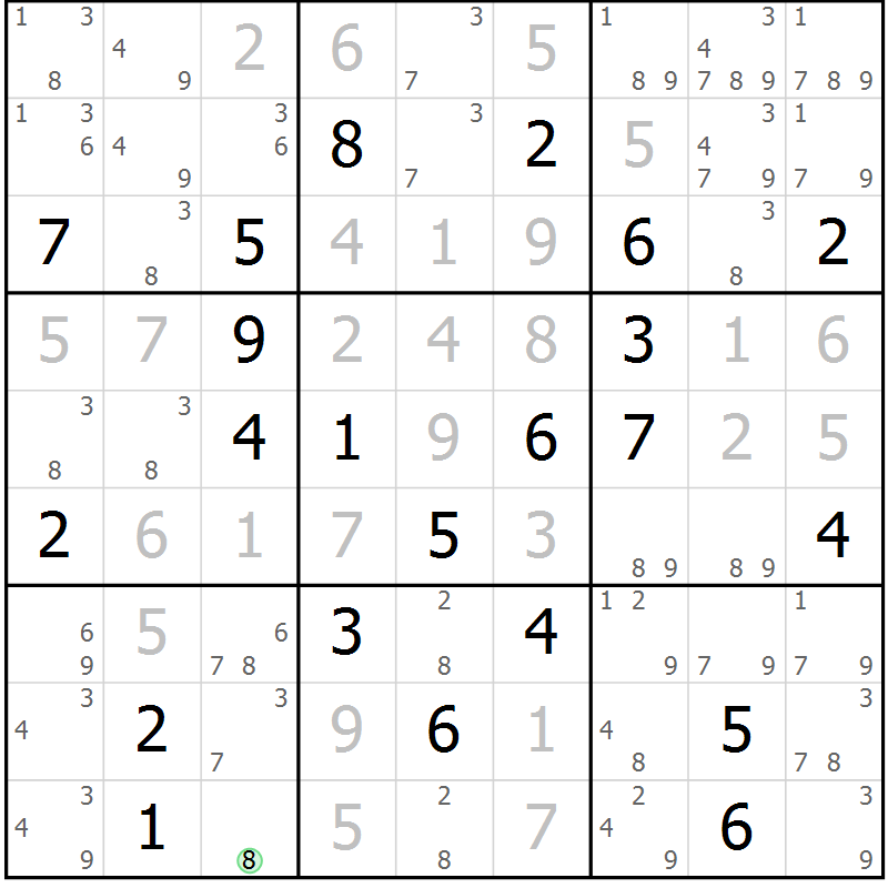 Position des candidats pour la solution de la Gr 128 page 131 du magazine de sudoku Giga sudoku niv 6-8 n° 032