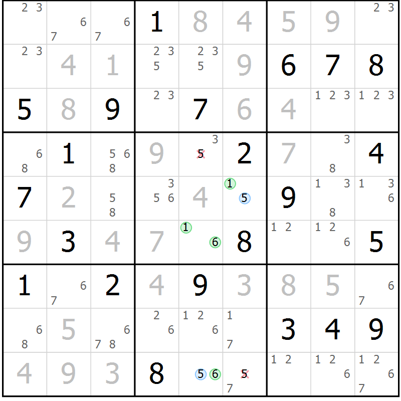 Position des candidats pour la solution de la Gr 129 page 132 du magazine de sudoku Giga sudoku niv 6-8 n° 032