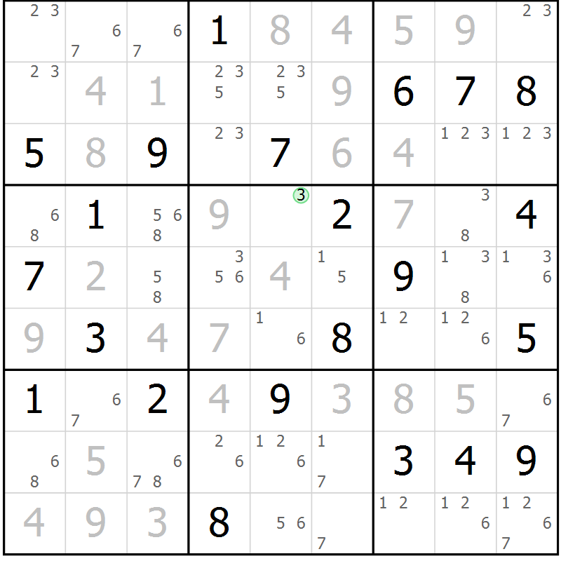 Position des candidats pour la solution de la Gr 129 page 132 du magazine de sudoku Giga sudoku niv 6-8 n° 032