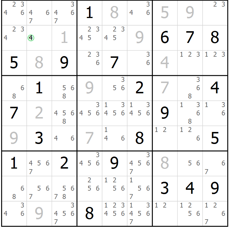 Position des candidats pour la solution de la Gr 129 page 132 du magazine de sudoku Giga sudoku niv 6-8 n° 032
