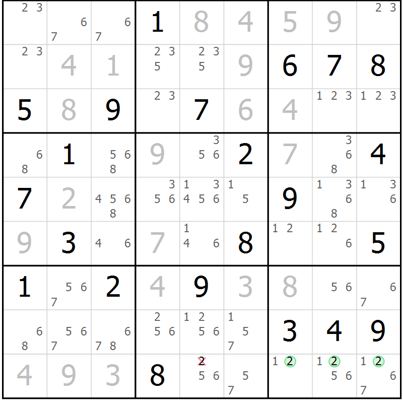Position des candidats pour la solution de la Gr 129 page 132 du magazine de sudoku Giga sudoku niv 6-8 n° 032