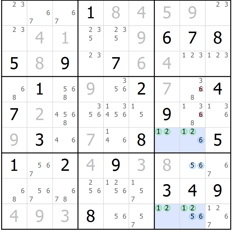 Position des candidats pour la solution de la Gr 129 page 132 du magazine de sudoku Giga sudoku niv 6-8 n° 032