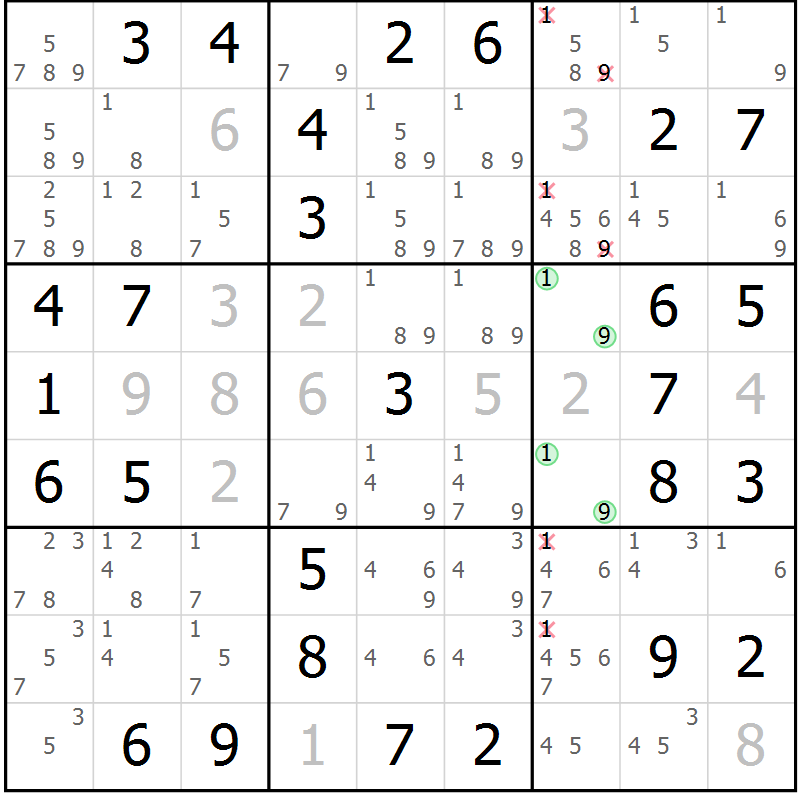 Position des candidats pour la solution de la Gr 13 page 16 du magazine de sudoku Giga sudoku niv 6-8 n° 032