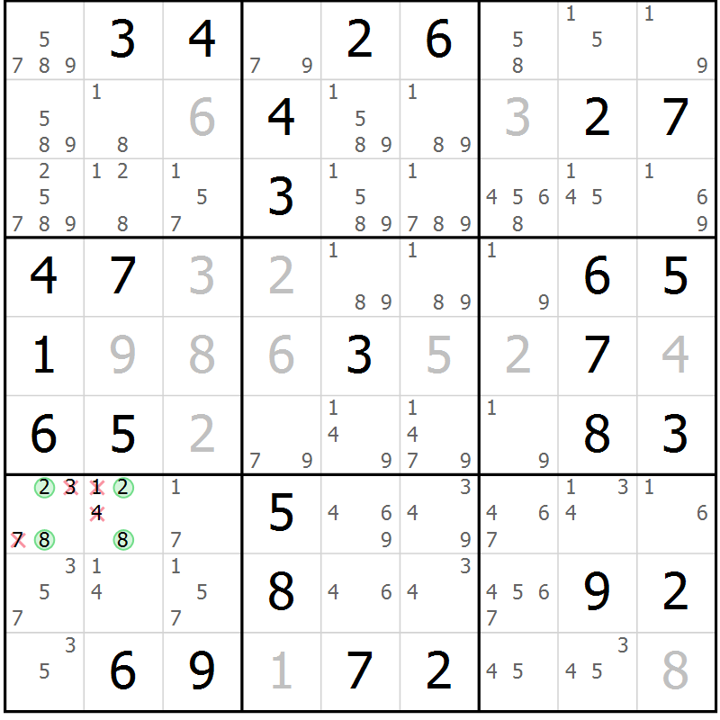 Position des candidats pour la solution de la Gr 13 page 16 du magazine de sudoku Giga sudoku niv 6-8 n° 032