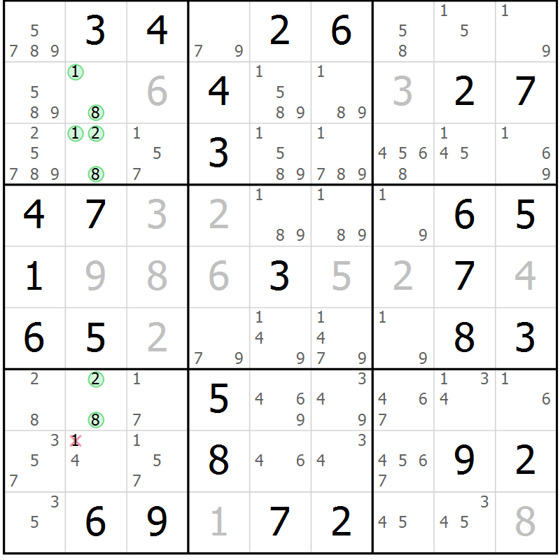 Position des candidats pour la solution de la Gr 13 page 16 du magazine de sudoku Giga sudoku niv 6-8 n° 032