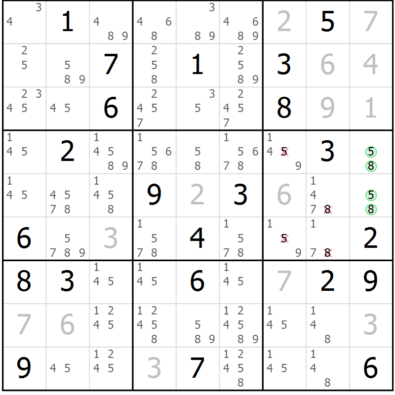 Position des candidats pour la solution de la Gr 130 page 133 du magazine de sudoku Giga sudoku niv 6-8 n° 032