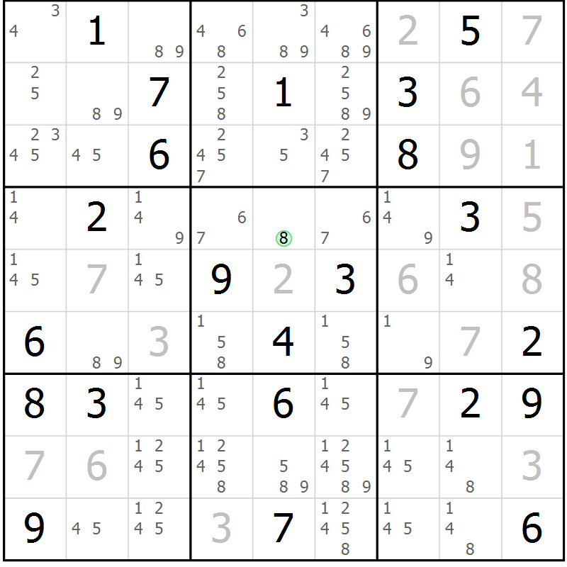 Position des candidats pour la solution de la Gr 130 page 133 du magazine de sudoku Giga sudoku niv 6-8 n° 032