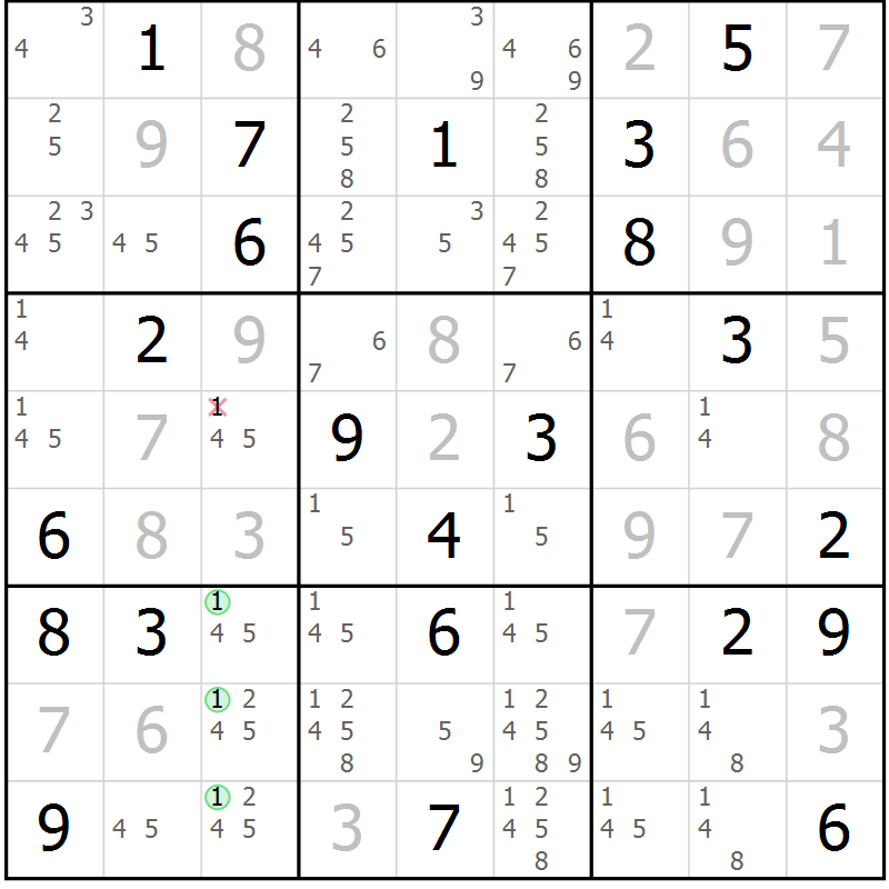 Position des candidats pour la solution de la Gr 130 page 133 du magazine de sudoku Giga sudoku niv 6-8 n° 032