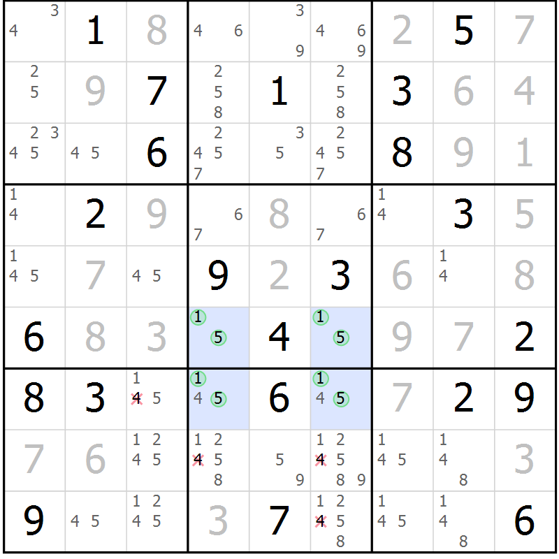 Position des candidats pour la solution de la Gr 130 page 133 du magazine de sudoku Giga sudoku niv 6-8 n° 032