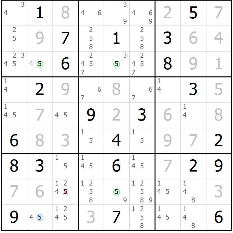 Position des candidats pour la solution de la Gr 130 page 133 du magazine de sudoku Giga sudoku niv 6-8 n° 032