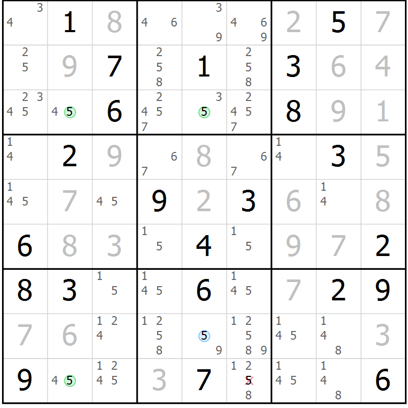 Position des candidats pour la solution de la Gr 130 page 133 du magazine de sudoku Giga sudoku niv 6-8 n° 032