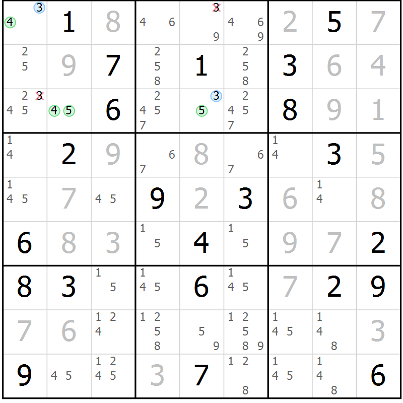 Position des candidats pour la solution de la Gr 130 page 133 du magazine de sudoku Giga sudoku niv 6-8 n° 032