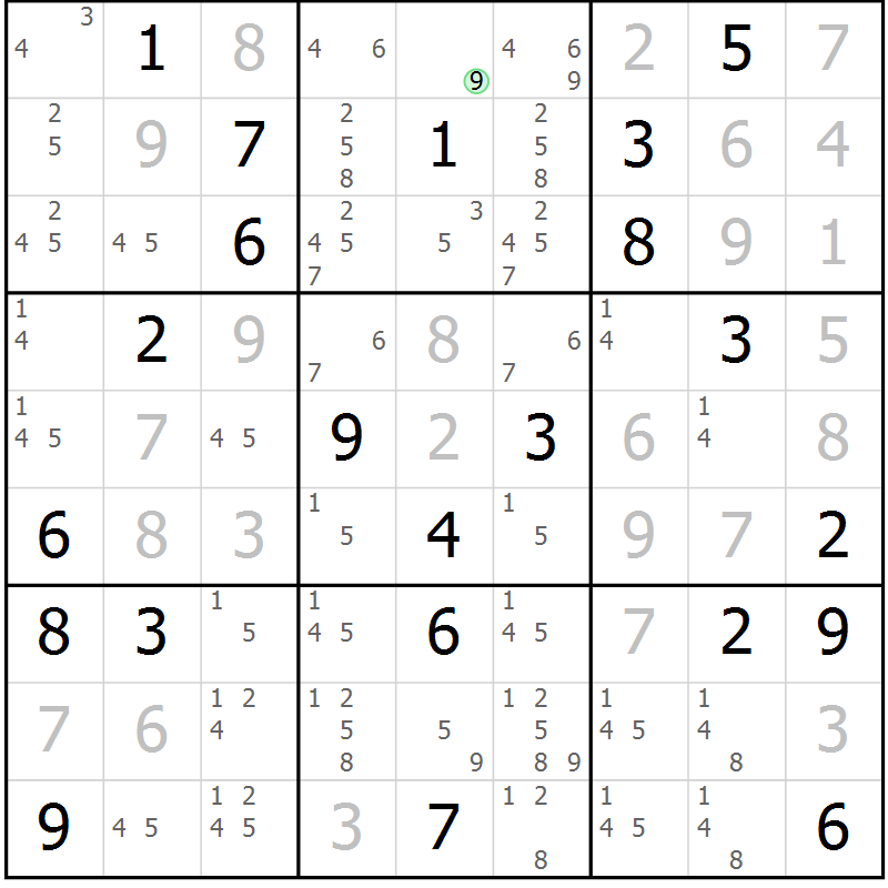 Position des candidats pour la solution de la Gr 130 page 133 du magazine de sudoku Giga sudoku niv 6-8 n° 032