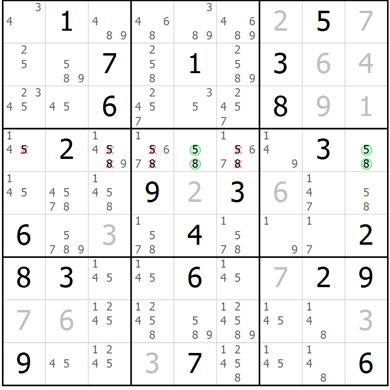 Position des candidats pour la solution de la Gr 130 page 133 du magazine de sudoku Giga sudoku niv 6-8 n° 032