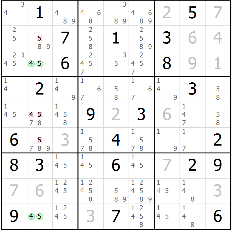 Position des candidats pour la solution de la Gr 130 page 133 du magazine de sudoku Giga sudoku niv 6-8 n° 032
