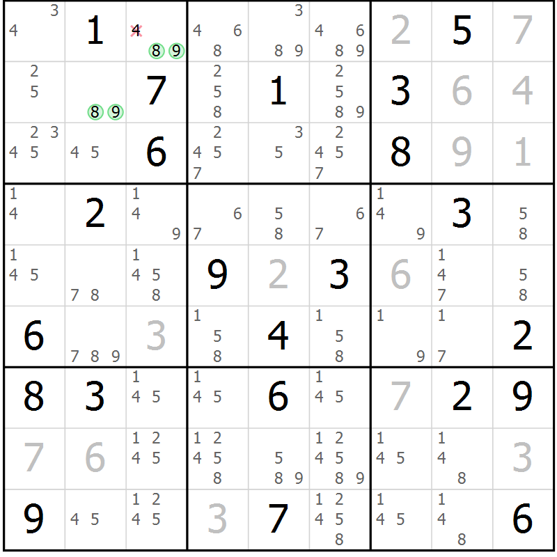 Position des candidats pour la solution de la Gr 130 page 133 du magazine de sudoku Giga sudoku niv 6-8 n° 032