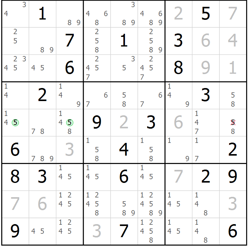Position des candidats pour la solution de la Gr 130 page 133 du magazine de sudoku Giga sudoku niv 6-8 n° 032