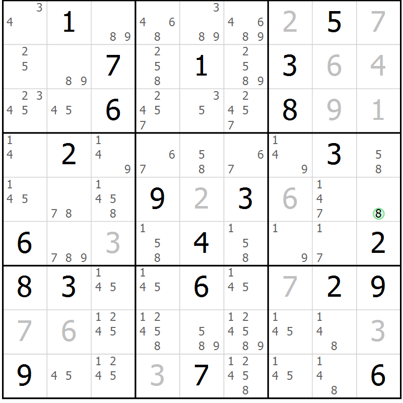 Position des candidats pour la solution de la Gr 130 page 133 du magazine de sudoku Giga sudoku niv 6-8 n° 032