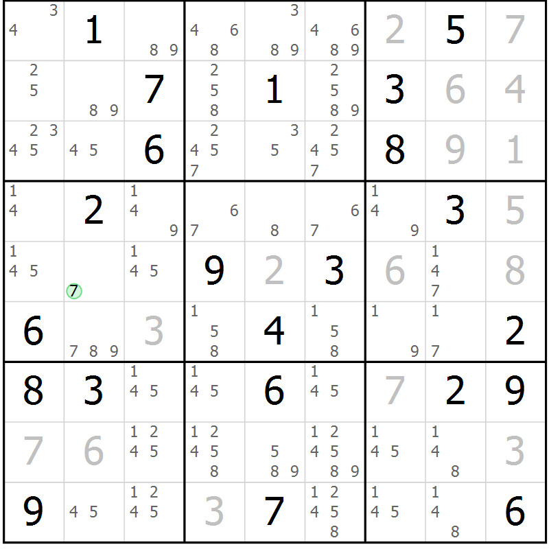 Position des candidats pour la solution de la Gr 130 page 133 du magazine de sudoku Giga sudoku niv 6-8 n° 032