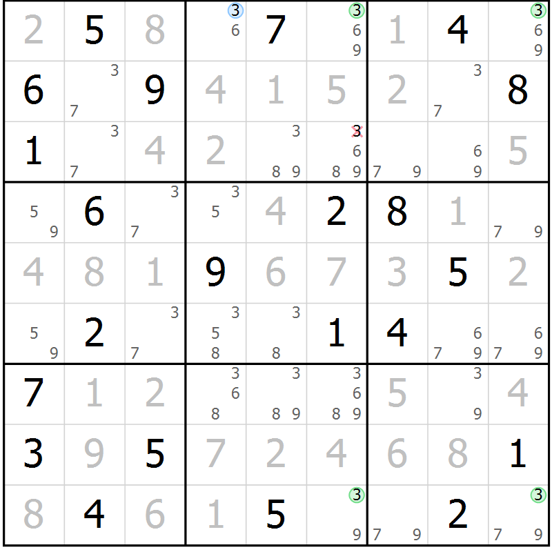 Position des candidats pour la solution de la Gr 131 page 134 du magazine de sudoku Giga sudoku niv 6-8 n° 032