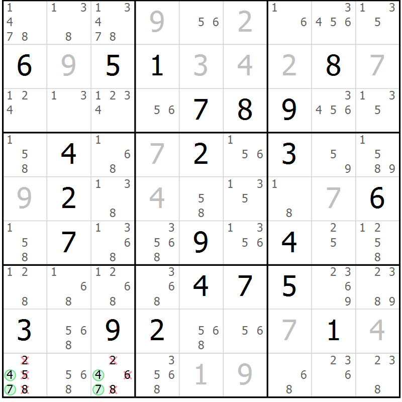 Position des candidats pour la solution de la Gr 132 page 135 du magazine de sudoku Giga sudoku niv 6-8 n° 032