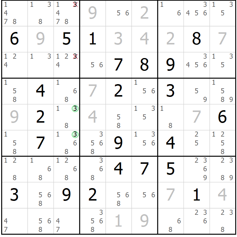 Position des candidats pour la solution de la Gr 132 page 135 du magazine de sudoku Giga sudoku niv 6-8 n° 032