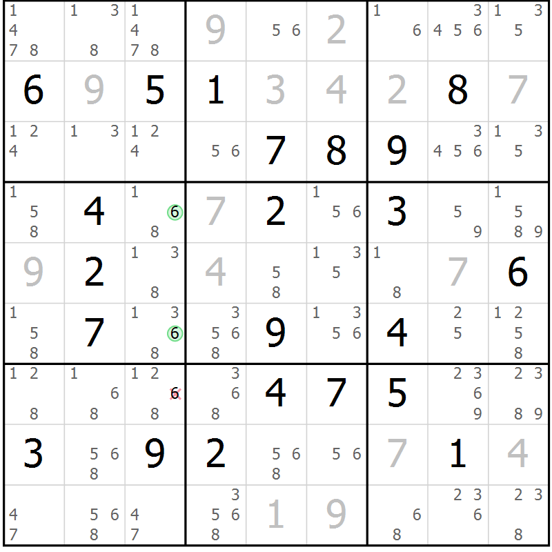Position des candidats pour la solution de la Gr 132 page 135 du magazine de sudoku Giga sudoku niv 6-8 n° 032