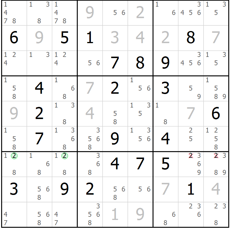 Position des candidats pour la solution de la Gr 132 page 135 du magazine de sudoku Giga sudoku niv 6-8 n° 032