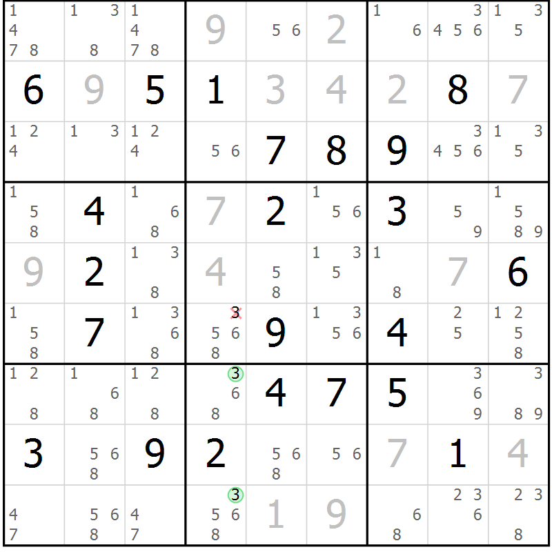 Position des candidats pour la solution de la Gr 132 page 135 du magazine de sudoku Giga sudoku niv 6-8 n° 032
