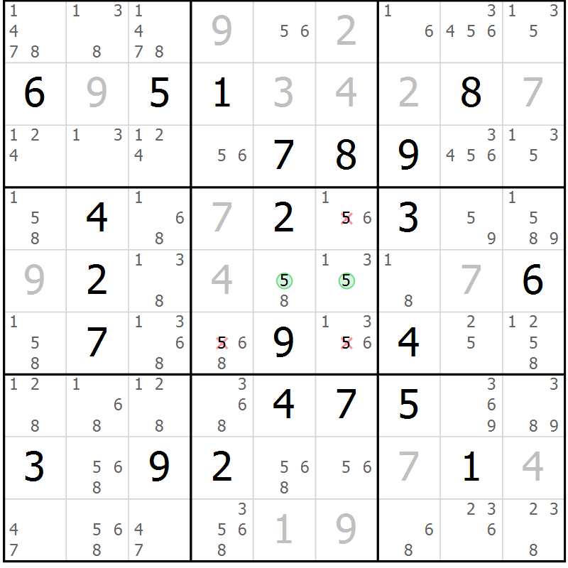 Position des candidats pour la solution de la Gr 132 page 135 du magazine de sudoku Giga sudoku niv 6-8 n° 032