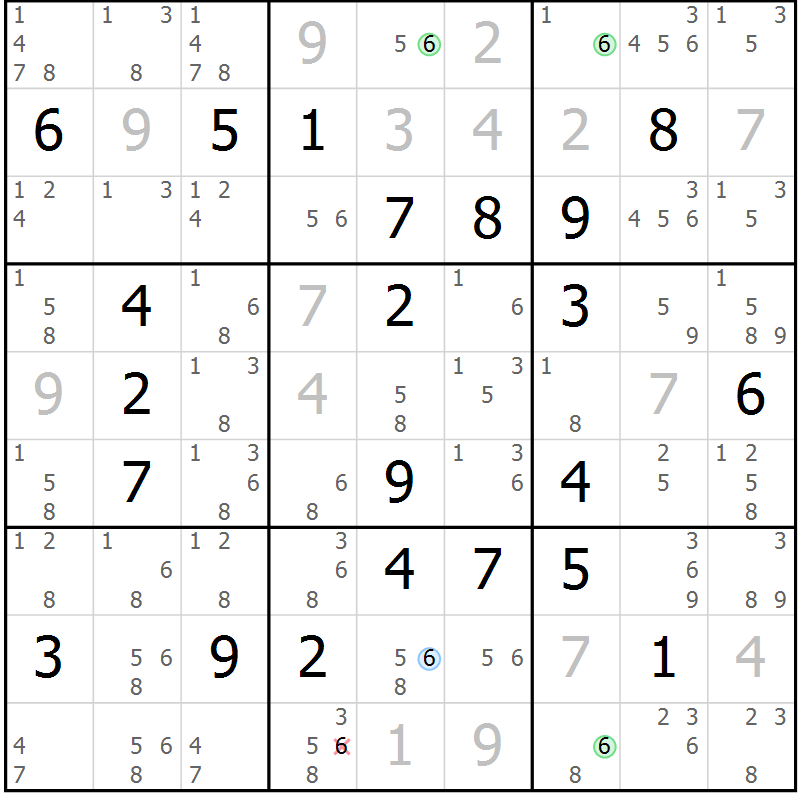 Position des candidats pour la solution de la Gr 132 page 135 du magazine de sudoku Giga sudoku niv 6-8 n° 032