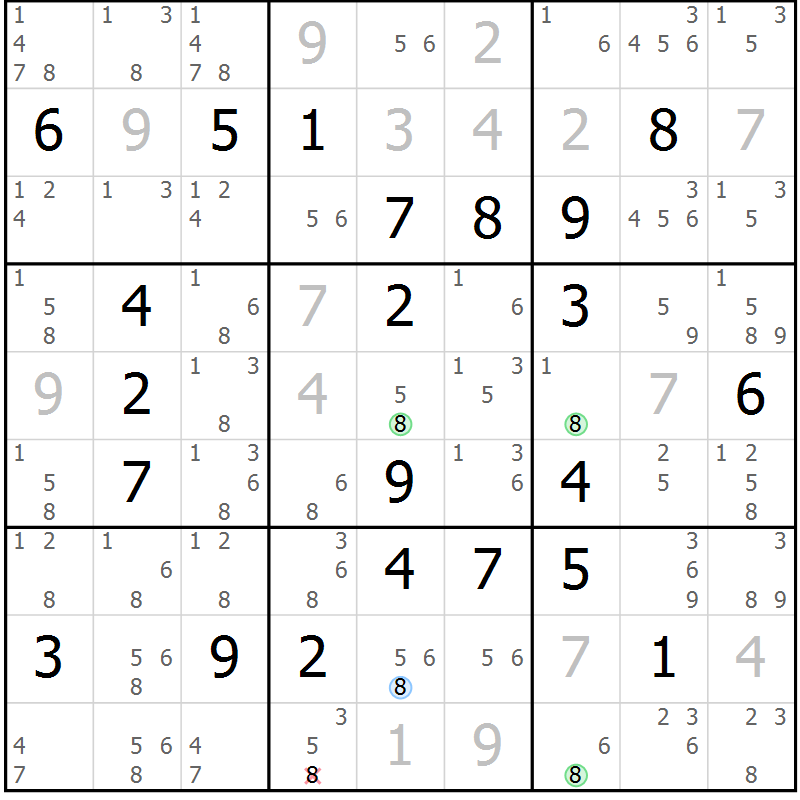 Position des candidats pour la solution de la Gr 132 page 135 du magazine de sudoku Giga sudoku niv 6-8 n° 032