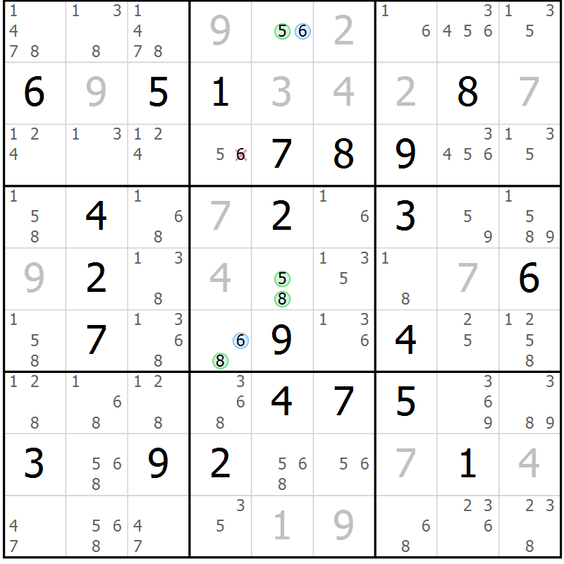 Position des candidats pour la solution de la Gr 132 page 135 du magazine de sudoku Giga sudoku niv 6-8 n° 032