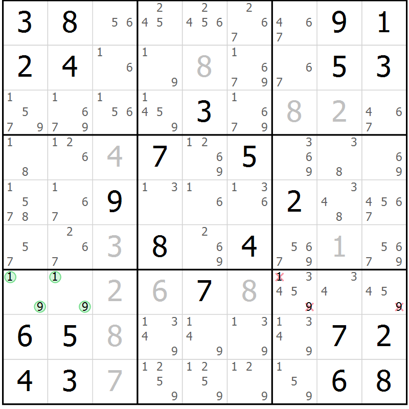 Position des candidats pour la solution de la Gr 14 page 17 du magazine de sudoku Giga sudoku niv 6-8 n° 032